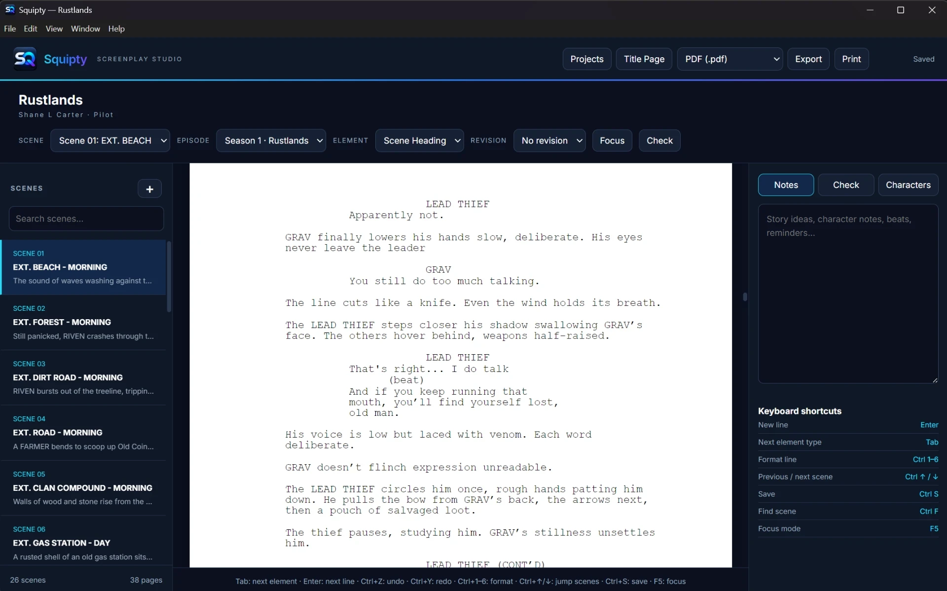 The Squipty screenplay editor with scene list, formatted script page and keyboard shortcuts panel